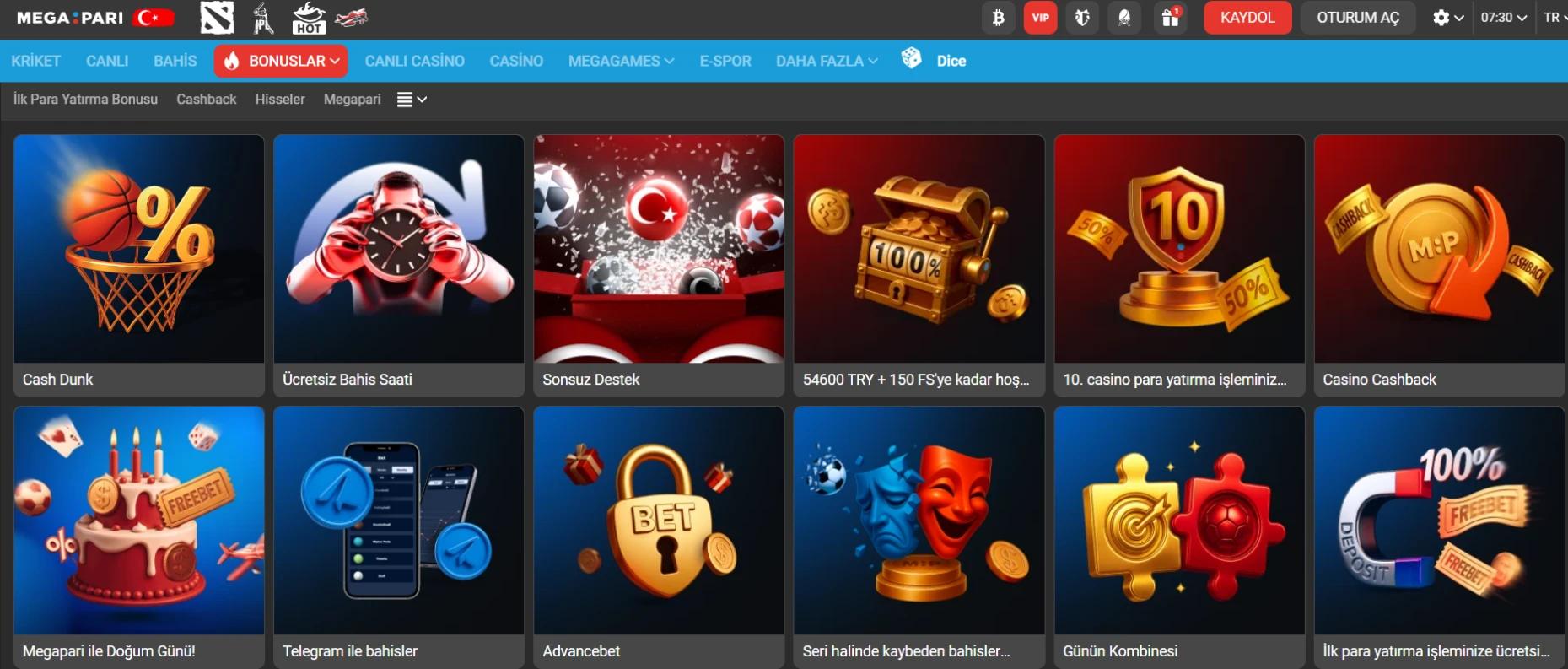 Megapari Bonus ve Promosyonlar Sayfası
